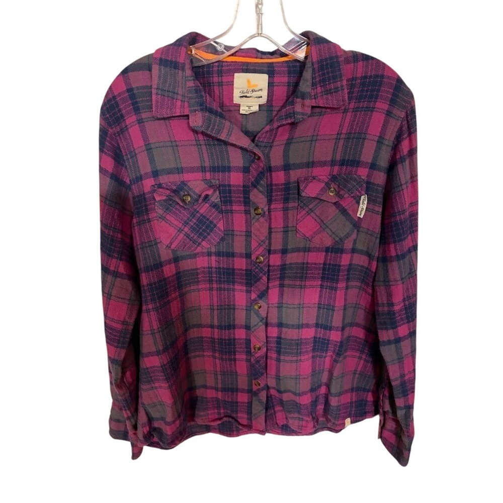 Field & Stream Womens XL Flannel Shirt Pink Navy Plaid Button Down Herringbone